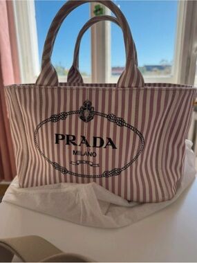 Prada Pink and White Striped Canvas Tote with Black Logo